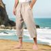 Men's Cotton Linen Cropped Trousers - Summer Casual Beach Pants With Drawstring Waist & Multiple Pockets | Lightweight Breathable Short Pants_viptrois.com