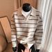 Men's Sweater With Black And White Stripes, Polo Collar, Knitted Sweater, Loose V-neck Top, Autumn And Winter_viptrois.com