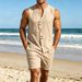 Men's Linen-Blend Short Sleeveless Shirt & Shorts Set, Solid Color Summer Beach Outfit, Minimalist Casual Resort Wear_viptrois.com