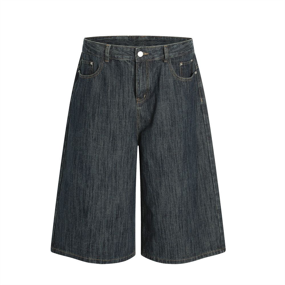 Men's Clothing American Simple Washed Denim Shorts For Men, Versatile Street Style, Wide Leg Mid Length Pants, Loose Straight Shorts_viptrois.com
