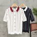 Men's Clothing Summer New Style Men's T-Shirt Cardigan Loose Fit Turn Down Collar Short Sleeve Knit Polo Shirt Striped Top_viptrois.com