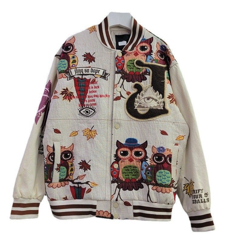 Men's Clothing European Station 2024 Autumn and Winter Fashion Brand Jacket Loose Owl Embroidery Stand Collar Heavy Baseball Jacket Women's Tops_viptrois.com