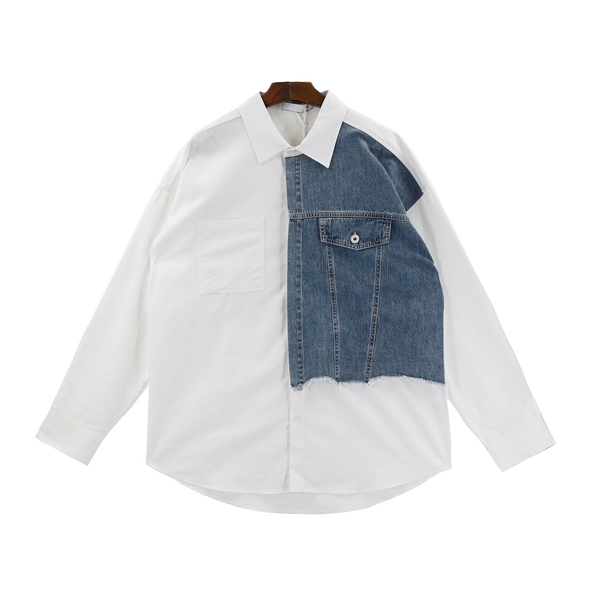 Cowboy patchwork long sleeved shirt men's spring and autumn new style long sleeved niche design, contrasting color shirt jacket_viptrois.com