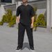 "Men's Waffle Knit Short Sleeve Set – Breathable Loose Fit Crew Neck T-Shirt & Casual Pants (Black/Grey/Khaki/Green, Sizes S-XXXL)"_viptrois.com