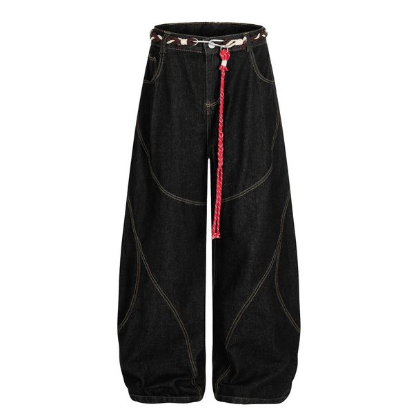 American High Street Silhouette Denim Trousers Personalized Waist Rope Design Sense Three-Dimensional Deconstruction_viptrois.com
