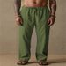 Men's Clothing Men's Cotton And Linen Solid Color Drawstring Patch Pocket Loose Casual Breathable Straight Trousers_viptrois.com
