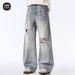Men's Clothing Lightning Pattern Ripped Spring And Summer Design Straight Wide Leg Pants Jeans For Men_viptrois.com