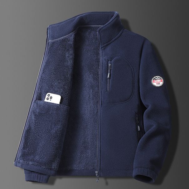 Men's Fleece Stand Collar Jacket, Windproof & Water-Resistant Zip-Up Winter Coat With Thick Polar Fleece Lining, Multi-Pocket Outdoor Sportswear_viptrois.com