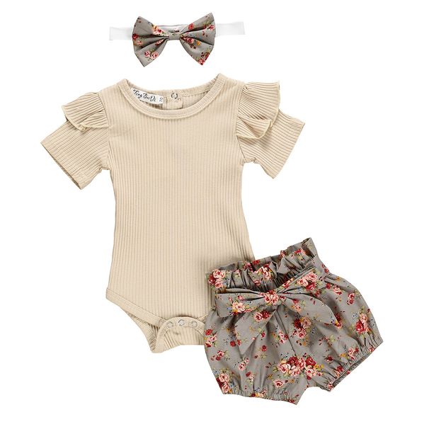 Baby Girl Summer Outfit Set - Ribbed Sleeveless Romper + Floral Shorts + Hair Tie (3-Piece Set) - Soft Cotton Toddler Clothes_viptrois.com