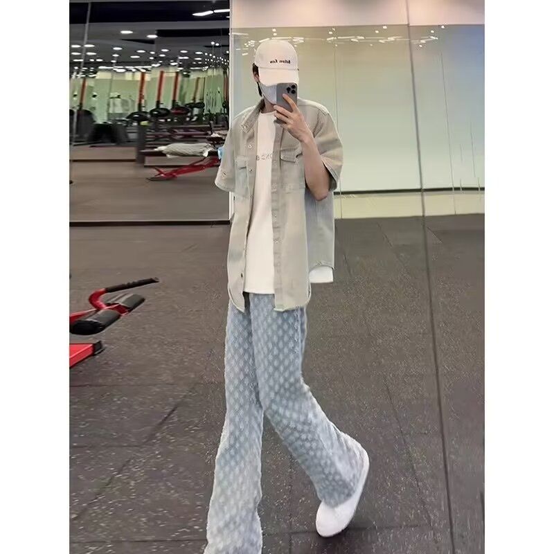 Men's Clothing Full Print Jacquard Jeans Summer Thin Style Design Niche Pants Trendy Cool Street Style Straight Flared Pants_viptrois.com