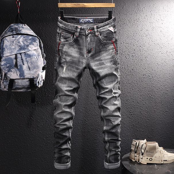 Retro European American Men's Jeans Distressed Vintage Black Gray Washed Slim Fit Straight Leg mid Waist Cotton Street Style_viptrois.com