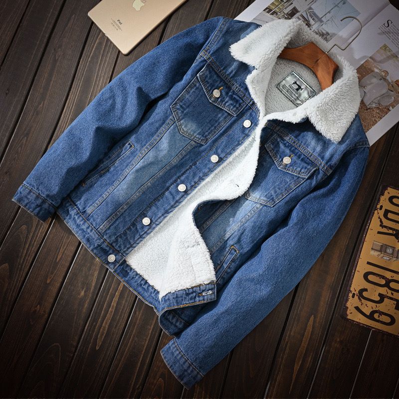 Trendy Men's Light Washed Denim Jacket With Fleece Lining, Slim Fit Winter Coat, Casual Streetwear For Youth_viptrois.com