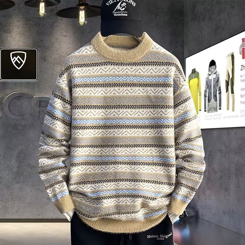 Men's Autumn And Winter Knitted Sweater Loose Casual Versatile Sweater Striped Thread Jacket_viptrois.com