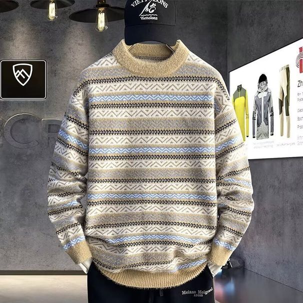Men's Autumn And Winter Knitted Sweater Loose Casual Versatile Sweater Striped Thread Jacket_viptrois.com