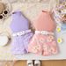 Kid's Clothing New Summer Girls Suits Small And Medium Children's Solid Color Halter Neck Top + Printed Shorts + Belt_viptrois.com
