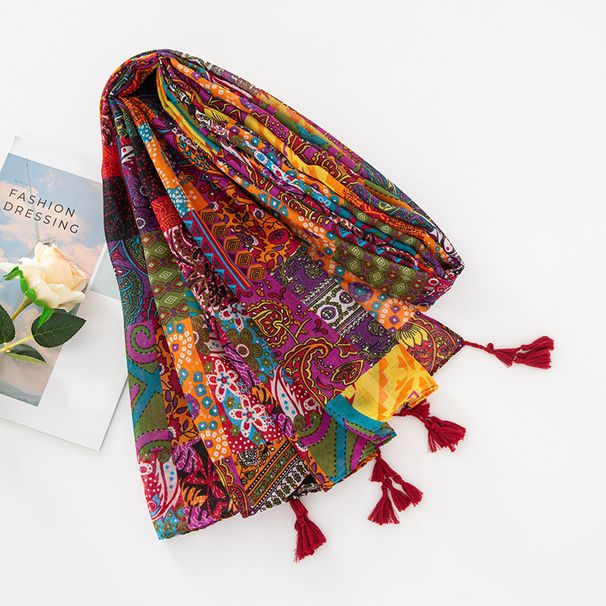 Unisex Bohemian Balinese cotton hemp feel scarf women's ethnic style printed tassel gauze shawl_viptrois.com