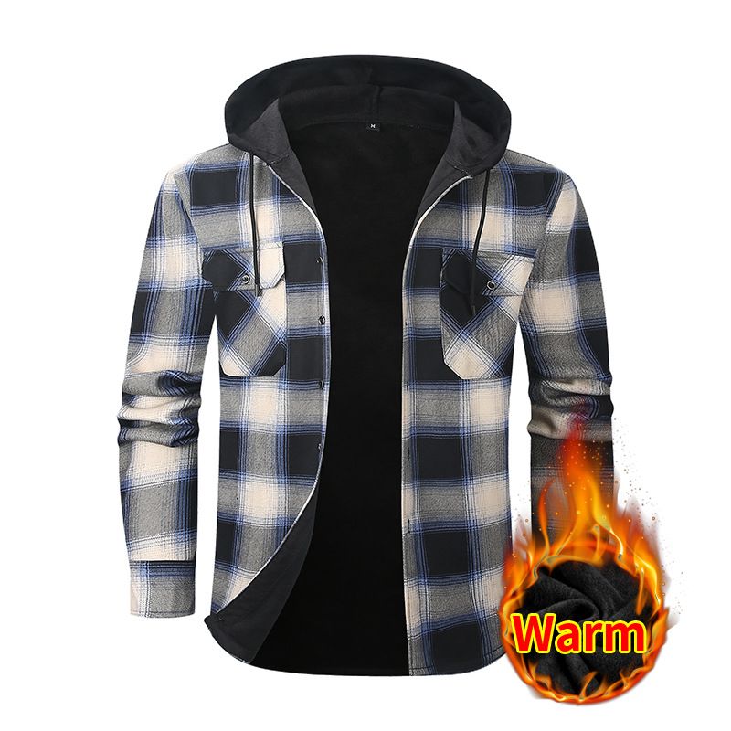 Men's Plaid Flannel Hooded Shirt With Fleece Lining, Oversized Fit, Long Sleeve Casual Shirt For Winter & Fall_viptrois.com