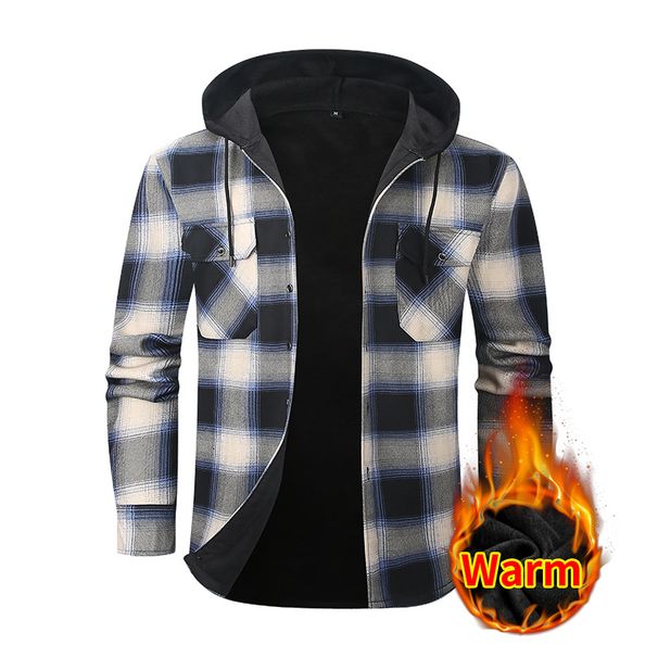 Men's Plaid Flannel Hooded Shirt With Fleece Lining, Oversized Fit, Long Sleeve Casual Shirt For Winter & Fall_viptrois.com