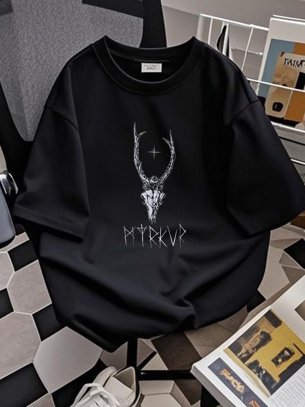 Men's Myrkur Deer Skull Tee (Black) T-shirt Small Black Fashion Stylish Streetwear Stretched Top For Everyday Wear Homme Summer Breathable_viptrois.com
