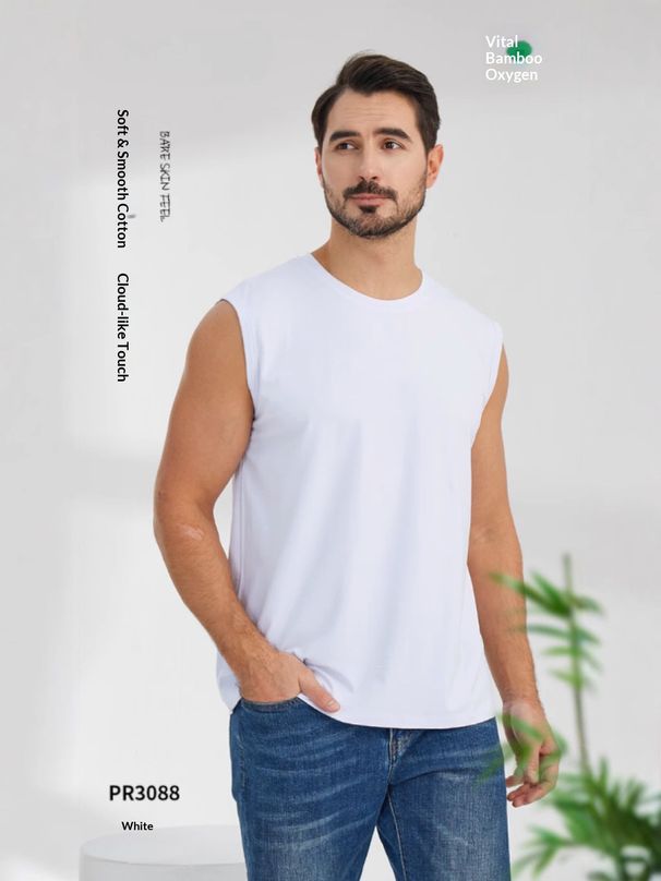 Pulse Wide Shoulder Men Bamboo Fiber Cotton Stretch Sleeveless T-Shirt Modal Sports Breathable Vest Slim Fit Thickened_viptrois.com