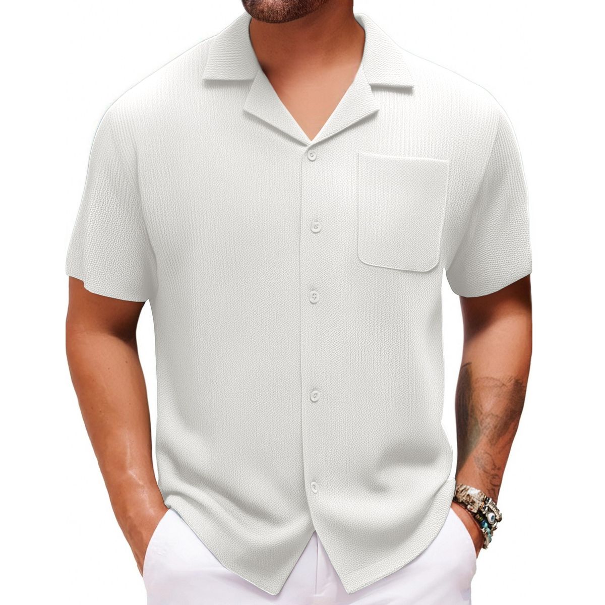 Men's Clothing Cross Border Foreign Trade Men's Clothing Summer New Cuban Collar Short Sleeved Shirt Holiday Style Solid Color Men's Shirt A0305_viptrois.com