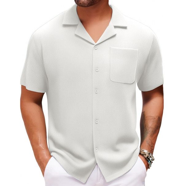 Men's Clothing Cross Border Foreign Trade Men's Clothing Summer New Cuban Collar Short Sleeved Shirt Holiday Style Solid Color Men's Shirt A0305_viptrois.com
