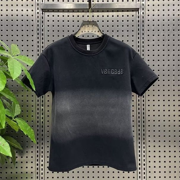 Vintage Washed Gradient Short Sleeve T-Shirt For Men & Women, Casual Loose Fit Round Neck Tee, Summer Fashion Streetwear Top_viptrois.com