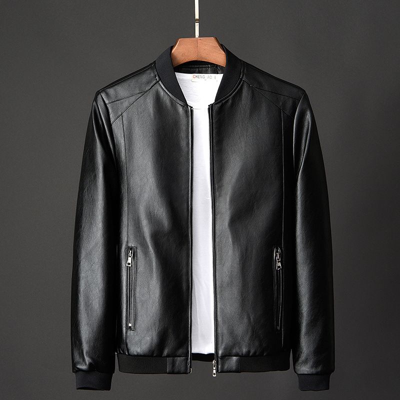 Men’s Slim-Fit PU Leather Jacket – Trendy Stand Collar Biker Coat (M-5XL, Black/Navy/Orange) Spring & Fall Fashion_viptrois.com