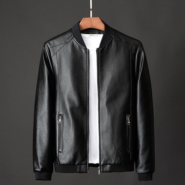 Men’s Slim-Fit PU Leather Jacket – Trendy Stand Collar Biker Coat (M-5XL, Black/Navy/Orange) Spring & Fall Fashion_viptrois.com