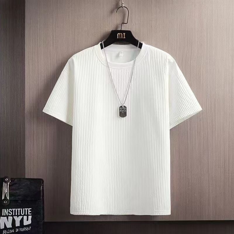 Men's Ice Silk Striped T-Shirt Short-Sleeved Lightweight Trendy Textured Top For Summer Five Quarter Sleeve New_viptrois.com
