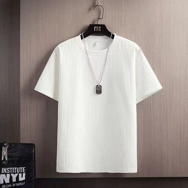 Men's Ice Silk Striped T-Shirt Short-Sleeved Lightweight Trendy Textured Top For Summer Five Quarter Sleeve New_viptrois.com