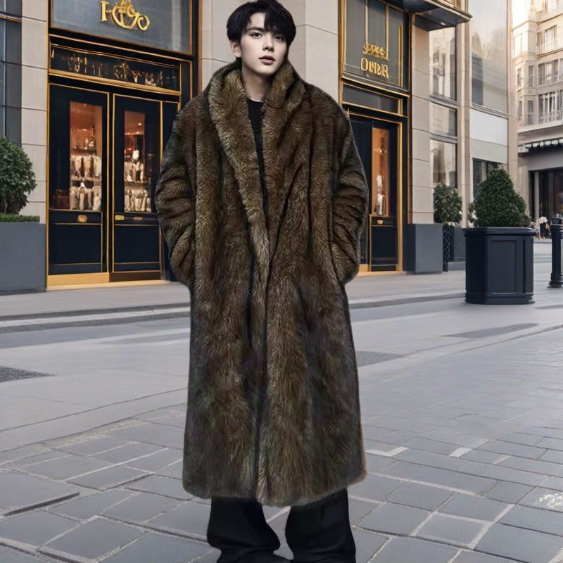 Men's Clothing Men's Fur Coat New Style Imitation Fox Fur Fur Collar Long Coat Winter Windproof Warm Windbreaker Large Size_viptrois.com