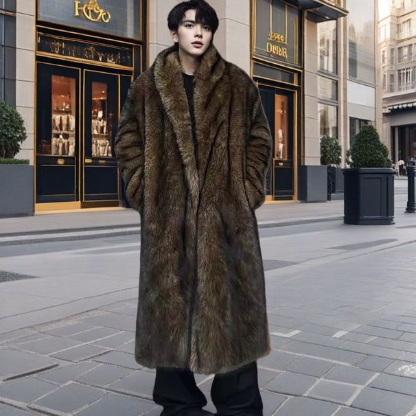 Men's Clothing Men's Fur Coat New Style Imitation Fox Fur Fur Collar Long Coat Winter Windproof Warm Windbreaker Large Size_viptrois.com