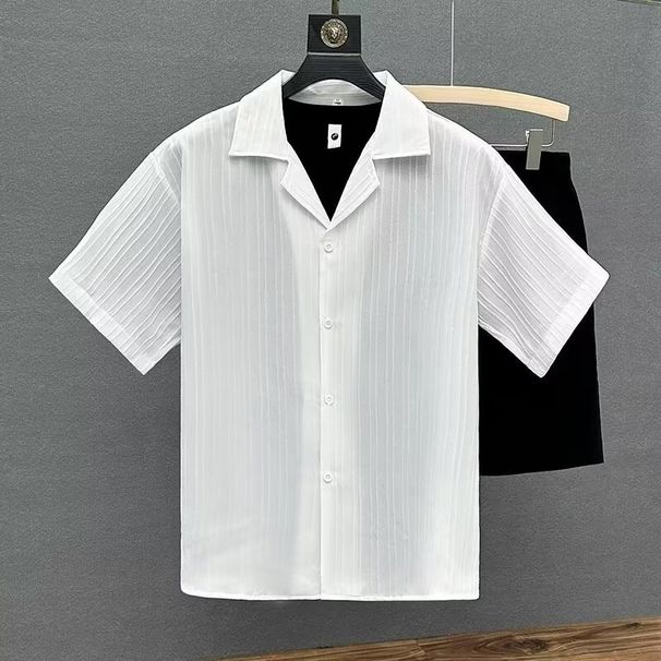 High End Ice Silk Short Sleeved Shirt For Men's Summer Fashion Brand Casual Pi Shuai Mid Sleeved Shirt Trendy Half Sleeved Shirt_viptrois.com