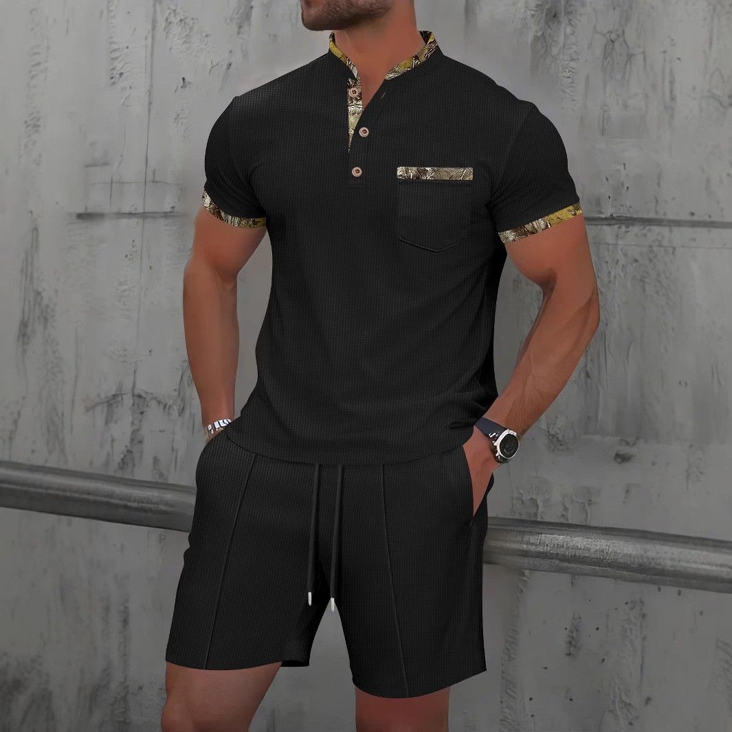 Men's Clothing Waffle Stand Collar Color Matching Short Sleeved Shorts Casual Suit_viptrois.com
