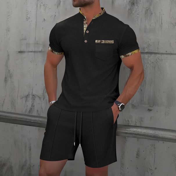Men's Clothing Waffle Stand Collar Color Matching Short Sleeved Shorts Casual Suit_viptrois.com