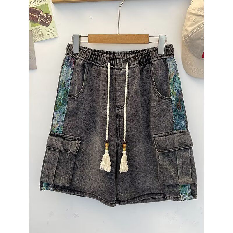 Men's Denim Cargo Shorts Loose Fit Workwear Casual 5-Pocket Athletic Knee-Length Multi-Pocket Summer Shorts_viptrois.com