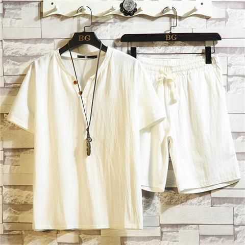 Cotton Short Sleeve Shorts For Men Chinese Style Summer Trendy Middle-aged Dad Linen Casual Sports Two-piece Set_viptrois.com