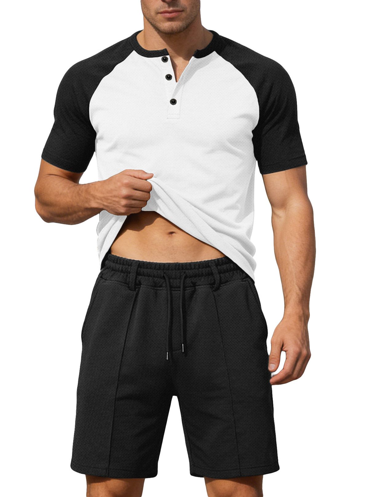 Men's Summer Casual V-Neck Color Block Short Sleeve T-Shirt & Shorts Set - Breathable & Comfortable Outfit For Sports & Daily Wear_viptrois.com
