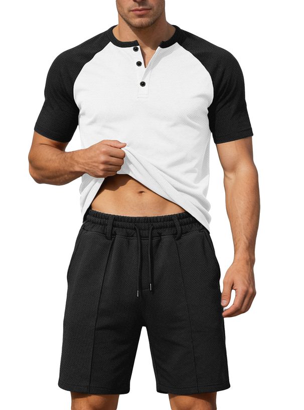 Men's Summer Casual V-Neck Color Block Short Sleeve T-Shirt & Shorts Set - Breathable & Comfortable Outfit For Sports & Daily Wear_viptrois.com
