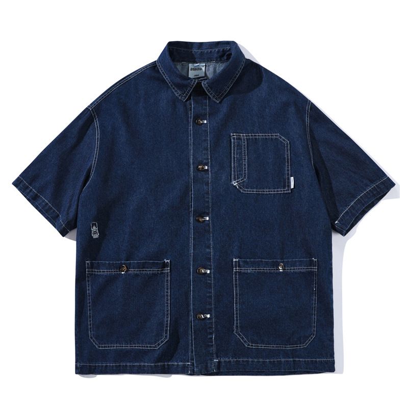 Men's Clothing Washed Pocket Workwear Short Sleeved Denim Shirt Men's And Women's Loose Half Sleeved Shirt Trend_viptrois.com