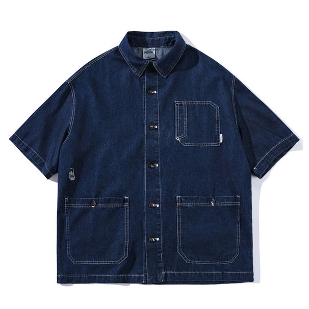 Men's Clothing Washed Pocket Workwear Short Sleeved Denim Shirt Men's And Women's Loose Half Sleeved Shirt Trend_viptrois.com
