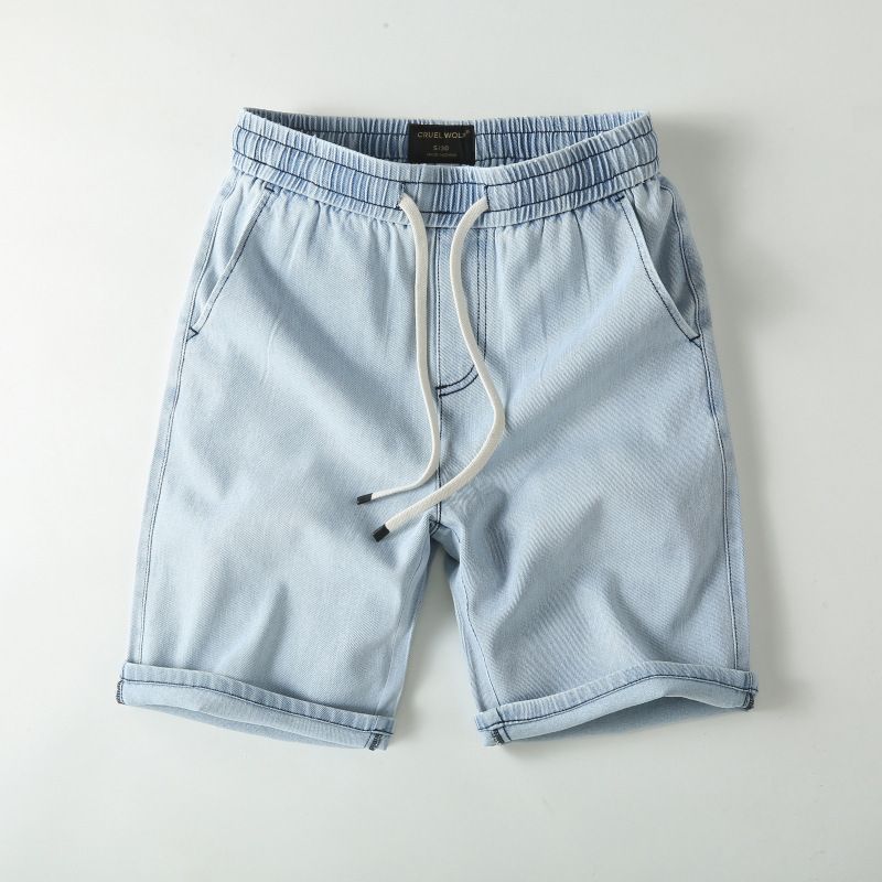 Men's Clothing 2024 New American Straight Jeans Men's Summer Thin Shorts Pure Cotton Casual Shorts Drawstring Loose Elastic Mid Length Pants_viptrois.com