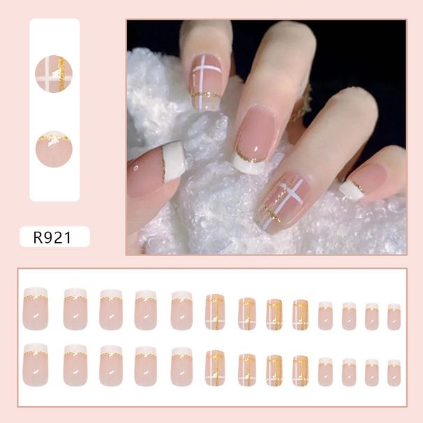 Beauty & Health Gold Line Checkered French Style Simple White Versatile Detachable Wearable Nail Art Nail Art 24 Pieces_viptrois.com