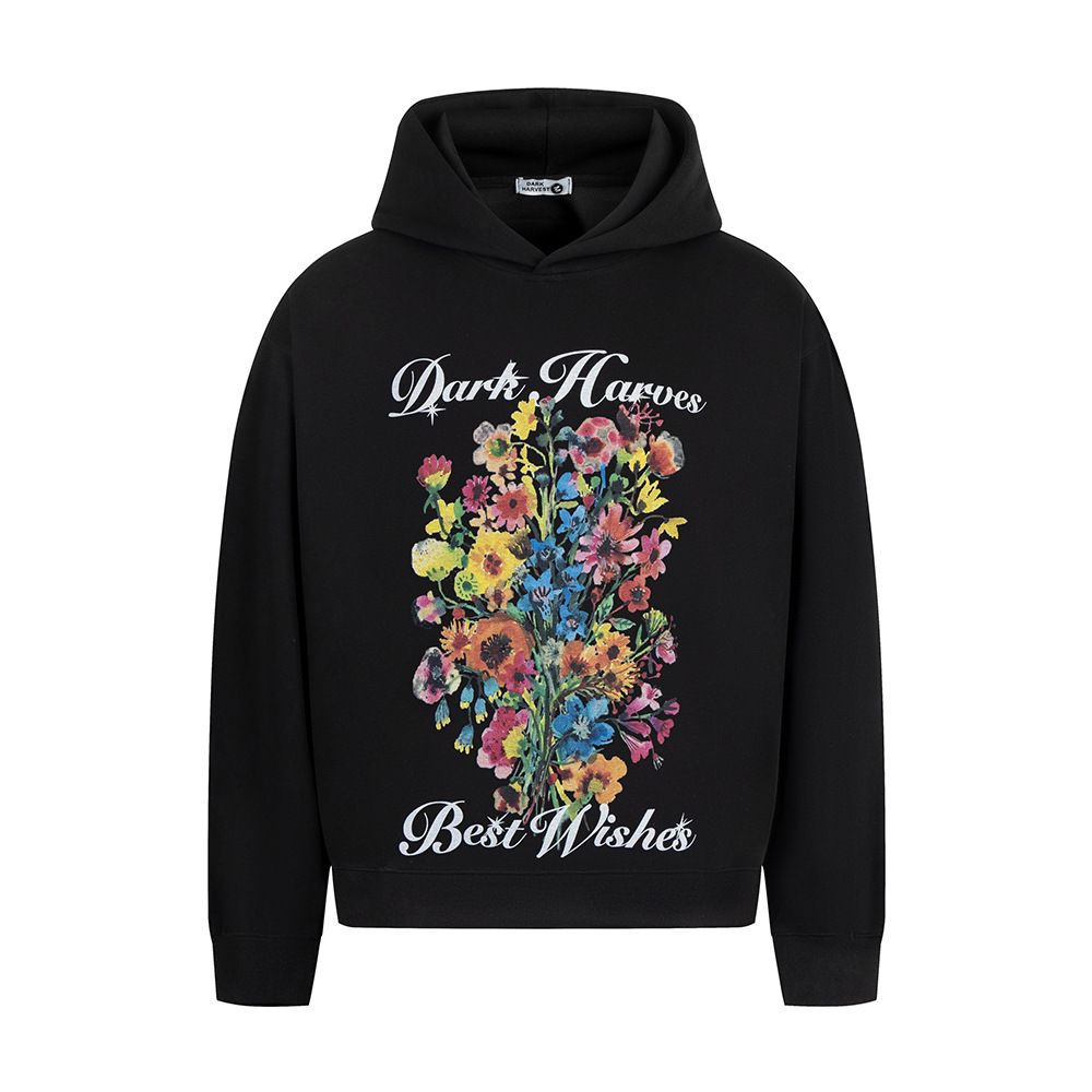 Illustration Floral Print Design Hoodie Loose Fit Men's Autumn Winter Vibe Trendy Brand Niche Pullover Sweatshirt_viptrois.com