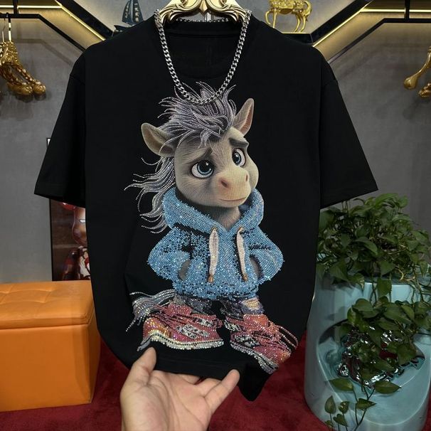 New Men's Light Luxury Trendy Short Sleeve T-Shirt Printed Rhinestones High Quality Heavy Duty Crew Neck Fashionable Casual Top_viptrois.com