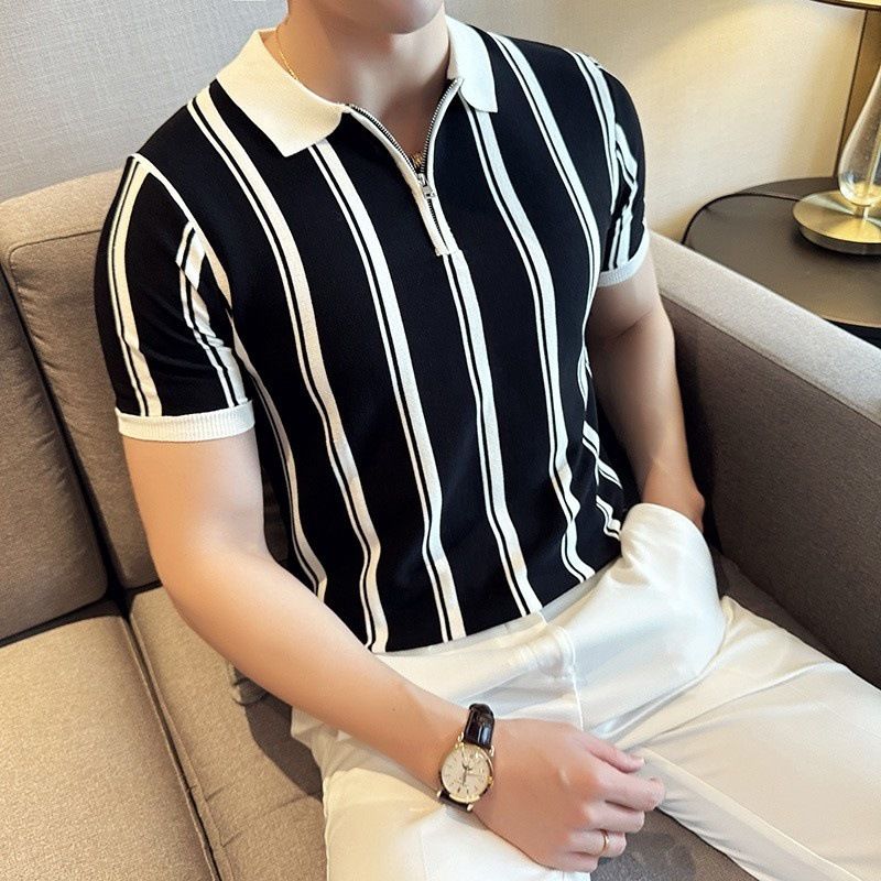 Men's Half-Zip Contrast Stripe Polo Shirt - Summer Lightweight & Breathable | Slim Lapel Design | Mature Elegant Style_viptrois.com