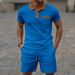 Men's Clothing Waffle Lapel Color Matching Chest Pocket Button Short Sleeve Shorts Suit_viptrois.com