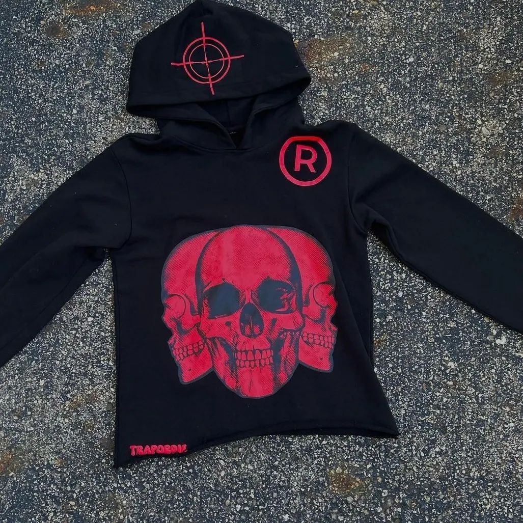 Street Style European Heavy Craft Korean Version Loose Lazy Skull Print Front And Back Casual Sweatshirt Top_viptrois.com