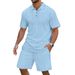 Men's Clothing Solid Color Jacquard Summer Leisure Lapel Button Short Sleeved Shorts Sports Men's Suit Men_viptrois.com